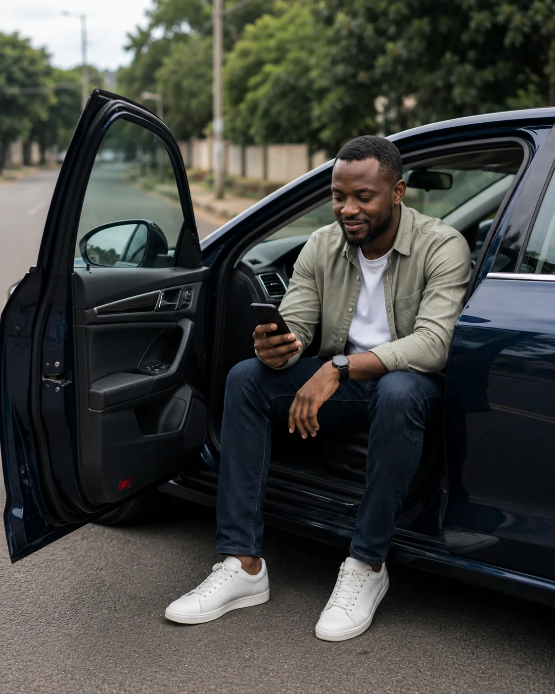 A driver checking his cover on his phone beside his car
